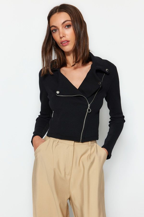 Trendyol Trendyol Black Ribbed Zipper Detail Fitted/Sleeping Crop Stretch Knit Jacket