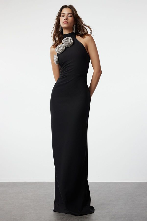 Trendyol Trendyol Black Rose Detailed Woven Long Evening Dress