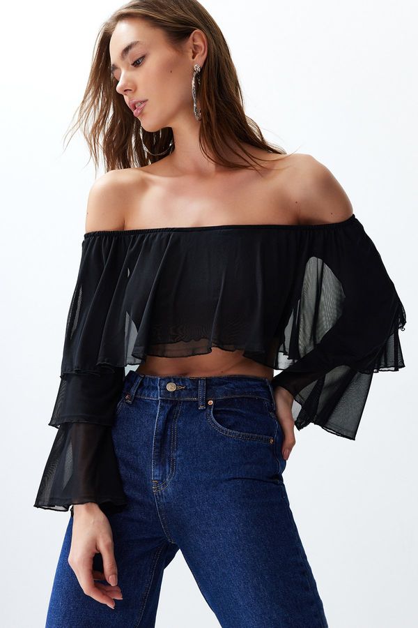 Trendyol Trendyol Black Ruffle Detail Long Sleeve Lined Crop/Short Knitted Blouse