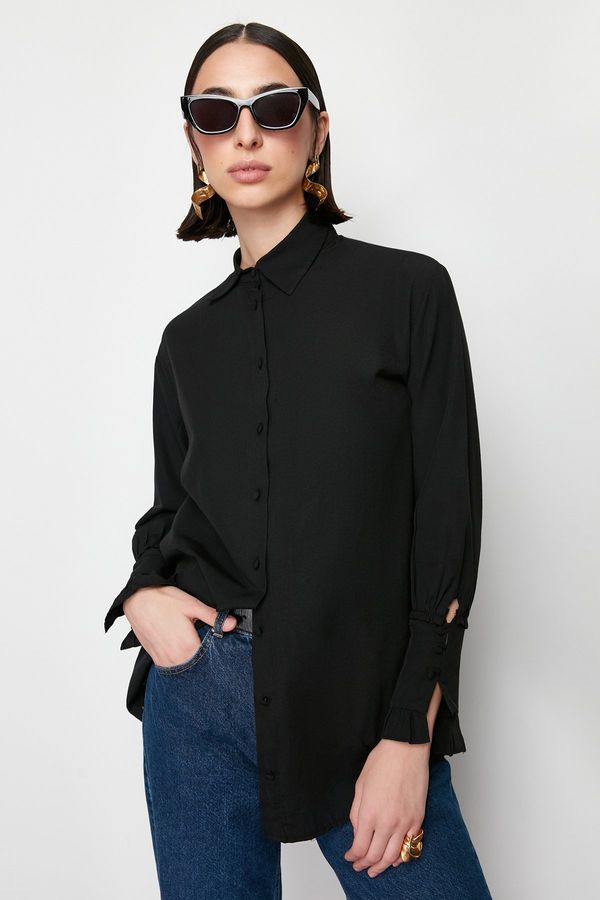 Trendyol Trendyol Black Ruffle Detailed Cotton Woven Shirt