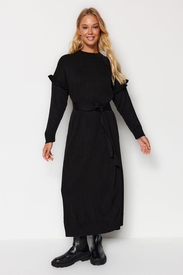 Trendyol Trendyol Black Ruffle Detailed Ribbed Knitted Dress