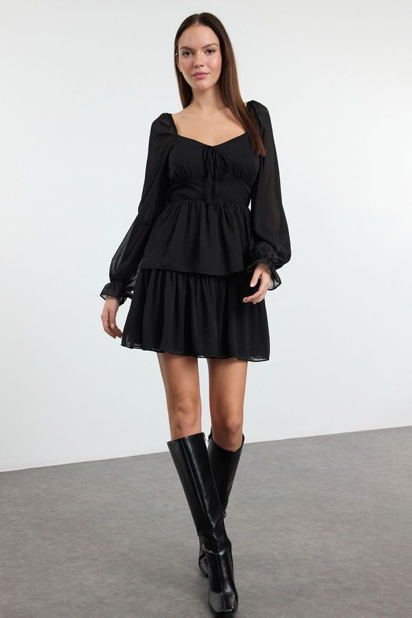 Trendyol Trendyol Black Ruffle Mini Chiffon Lined Woven Dress