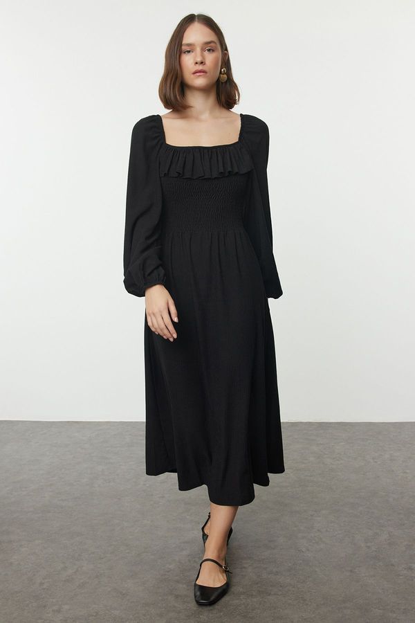 Trendyol Trendyol Black Ruffle/Drape Detailed Long Sleeve Ruffle/Textured Fabric Knitted Dress