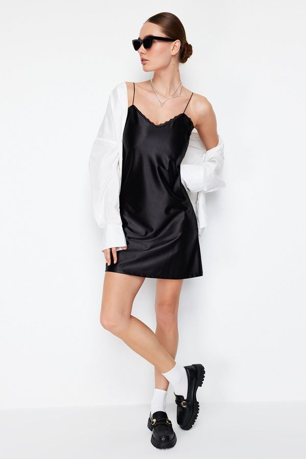 Trendyol Trendyol Black Satin A-Line V-Neck Strap Lace Detailed Knitted Mini Dress