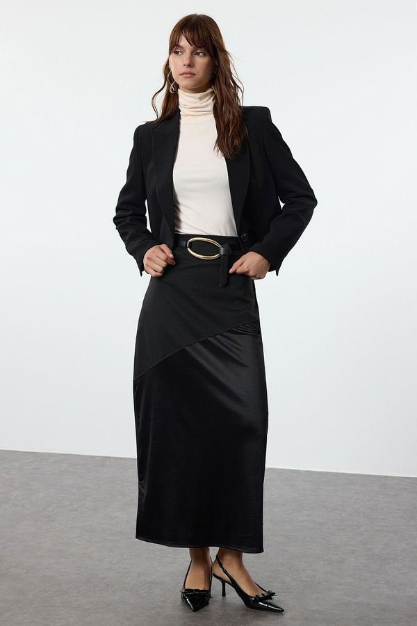 Trendyol Trendyol Black Satin Detailed Knitted Skirt