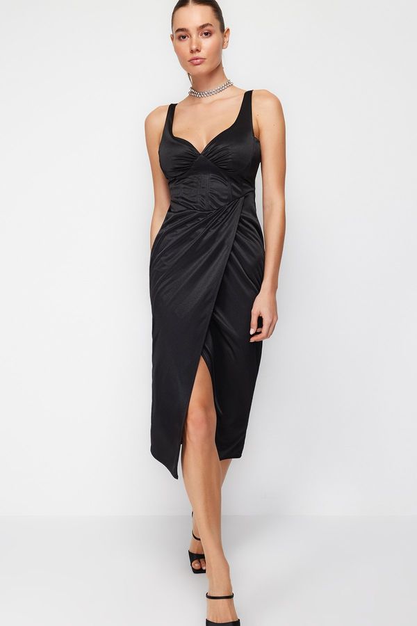 Trendyol Trendyol Black Satin Draped Wrapover Dress