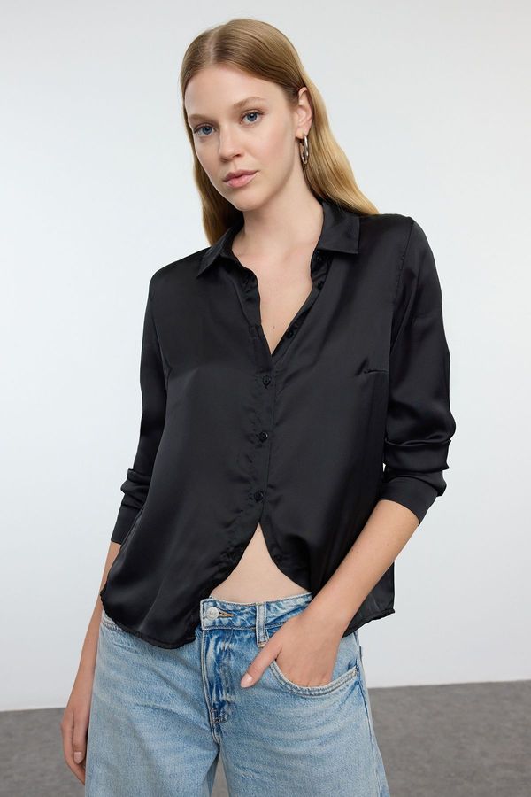 Trendyol Trendyol Black Satin Fabric Regular Regular Pattern Woven Shirt