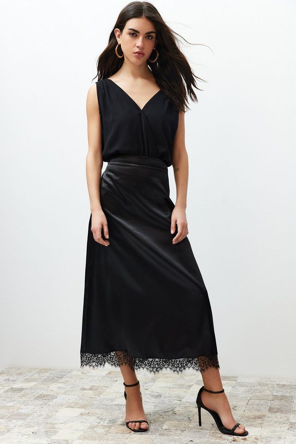 Trendyol Trendyol Black Satin Hem Lace Detailed Midi Length Woven Skirt