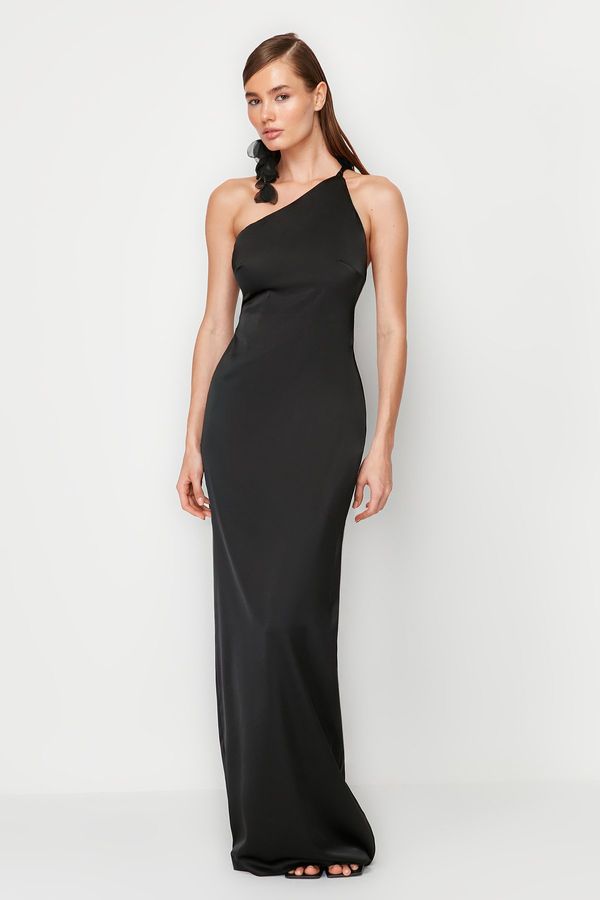 Trendyol Trendyol Black Satin Rose Detailed Long Evening Dress