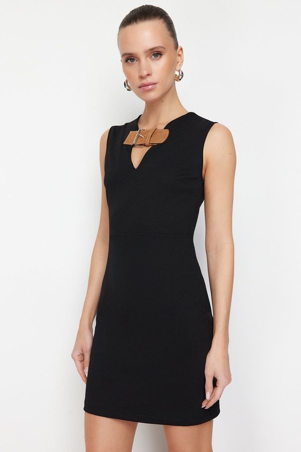 Trendyol Trendyol Black Scuba Crepe Plain Belt Detail Fitted Mini Flexible Knitted Pencil Dress