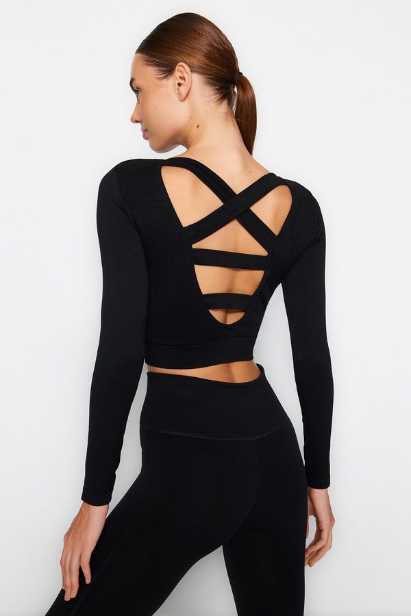 Trendyol Trendyol Black Seamless/Seamless Back and Reflector Print Detailed Crop Knitted Sports Top/Blouse