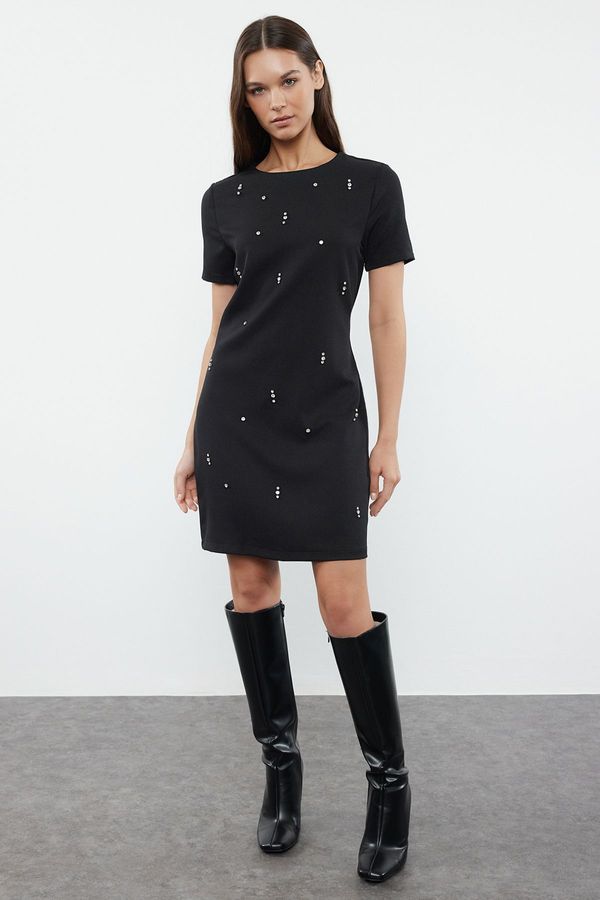 Trendyol Trendyol Black Shift/Plain Pattern Stone Embroidered Mini Woven Dress