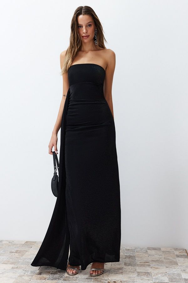 Trendyol Trendyol Black Shiny Knitted Long Evening Evening Dress