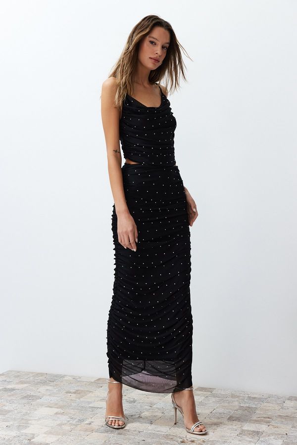 Trendyol Trendyol Black Shiny Stone Knitted Long Skirt