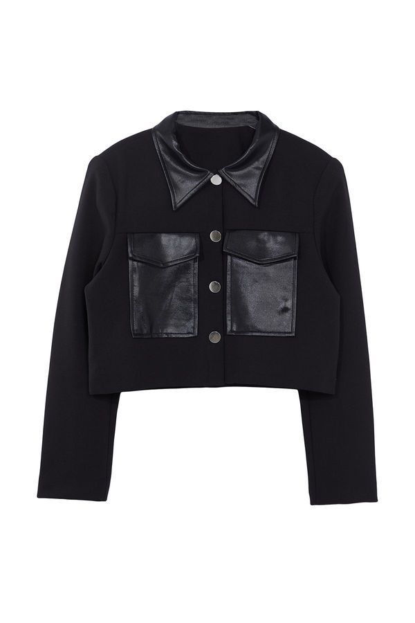 Trendyol Trendyol Black Shirt Collar Lined Leather Detailed Crop Jacket