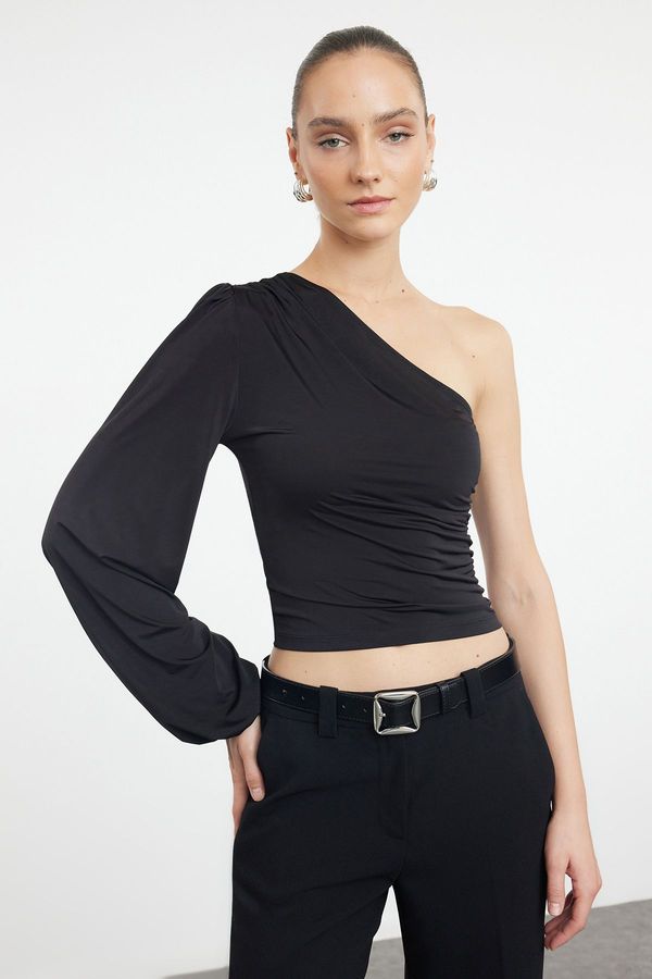 Trendyol Trendyol Black Single Sleeve Gathered/Draped Fitted Crop/Short Stretchy Knitted Blouse