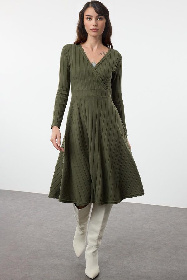 Trendyol Trendyol Black Skater/Waist Drop Double Breasted Ribbed Stretch Midi Knit Dress