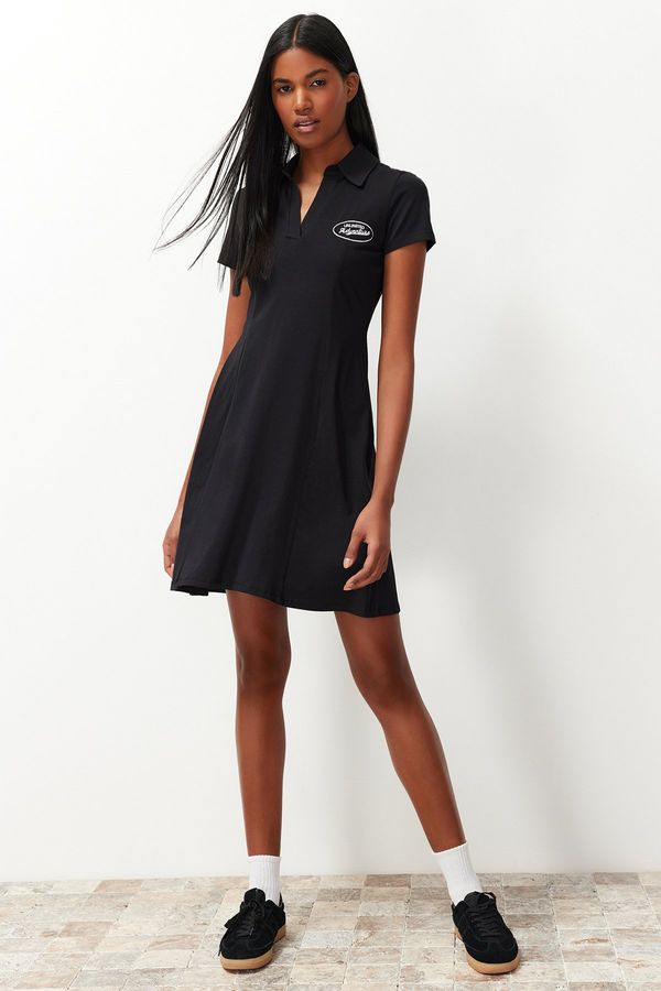 Trendyol Trendyol Black Skater/Waist Embroidery Cotton Stretch Knitted Mini Dress