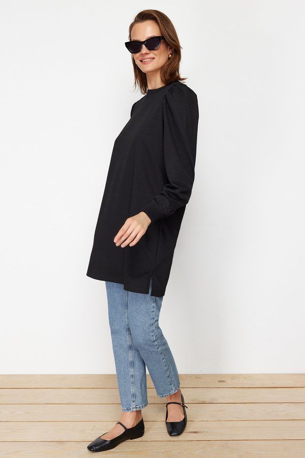 Trendyol Trendyol Black Sleeve Detailed Knitted Crew Neck Slit Tunic