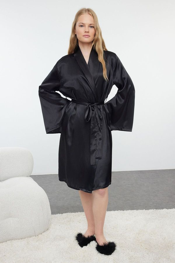 Trendyol Trendyol Black Sleeve Slit Detailed Satin Woven Dressing Gown