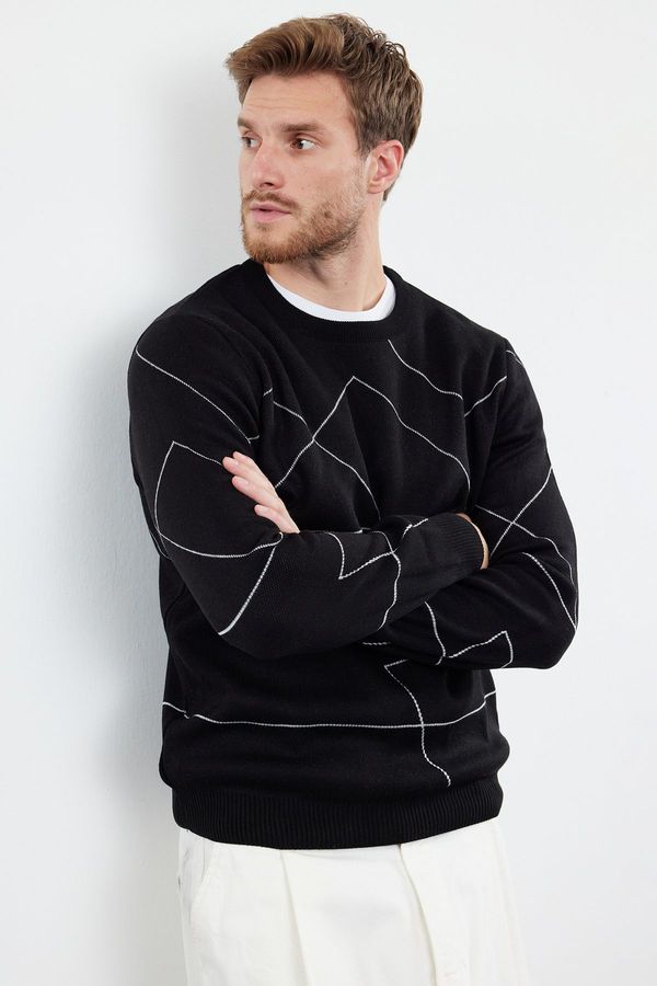 Trendyol Trendyol Black Slim Fit Slim Cut Crew Neck Striped Patterned Knitwear Sweater