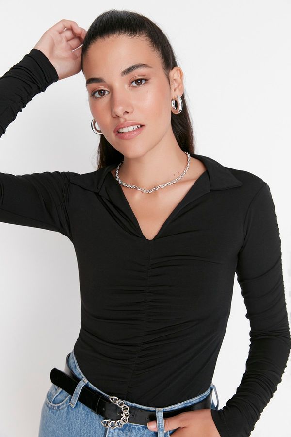 Trendyol Trendyol Black Slim Gathered Polo Neck Stretchy Knitted Blouse