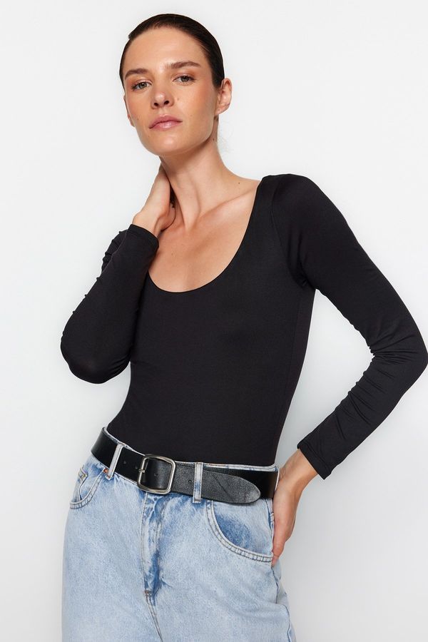 Trendyol Trendyol Black Slim Snap Fastener Pool Collar Long Sleeve Soft Fabric Flexible Knitted Body