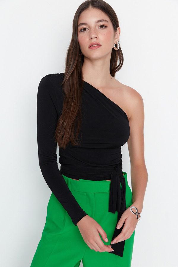 Trendyol Trendyol Black Slim Tie Detail Single Sleeve Crop Stretchy Knitted Blouse