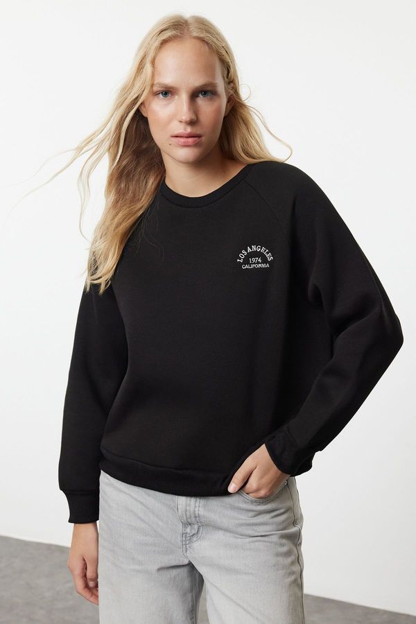 Trendyol Trendyol Black Slogan Embroidered Oversize/Wide Fit Thick Inside Fleece Knitted Sweatshirt