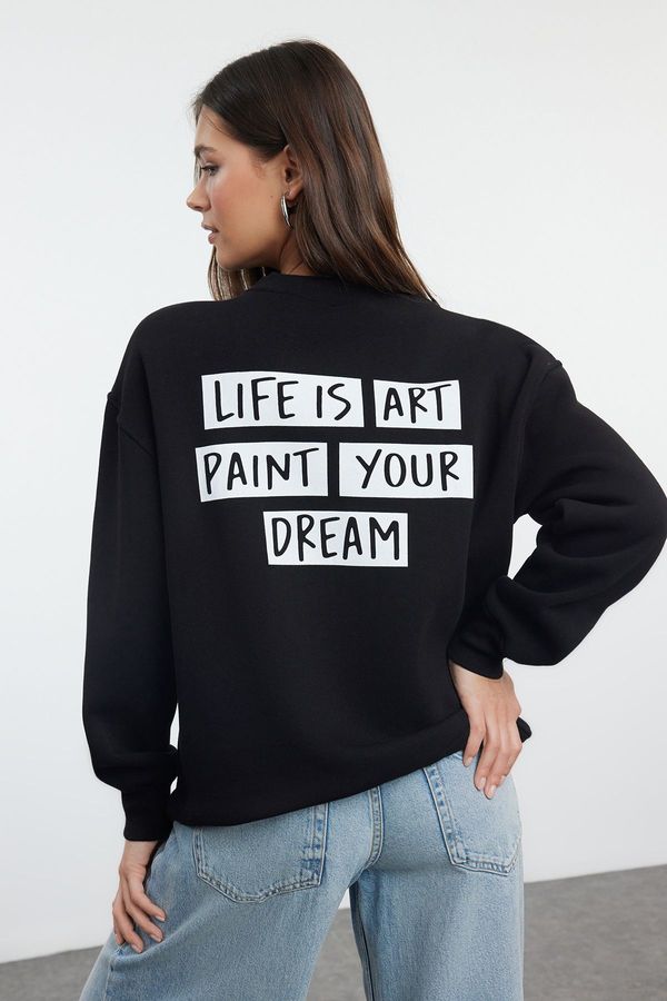 Trendyol Trendyol Black Slogan Oversize / Wide Fit Thick Fleece Inside Knitted Sweatshirt