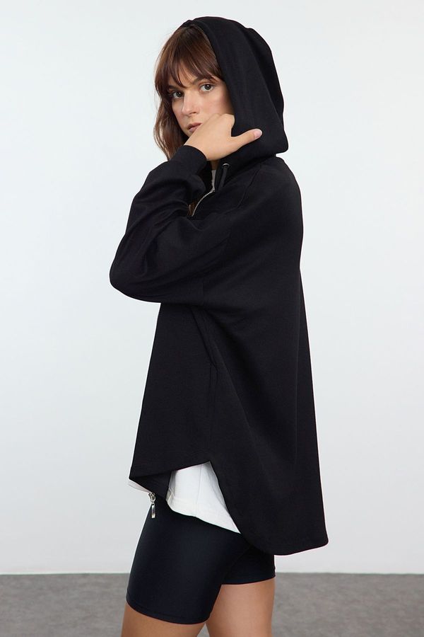 Trendyol Trendyol Black Soft Fabric Hooded Zippered Oversize/Wide Cut Knitted Sweatshirt