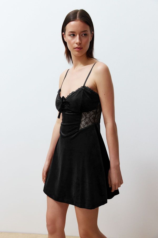 Trendyol Trendyol Black Soft Feeling Lace Rope Strap Velvet Knitted Nightgown