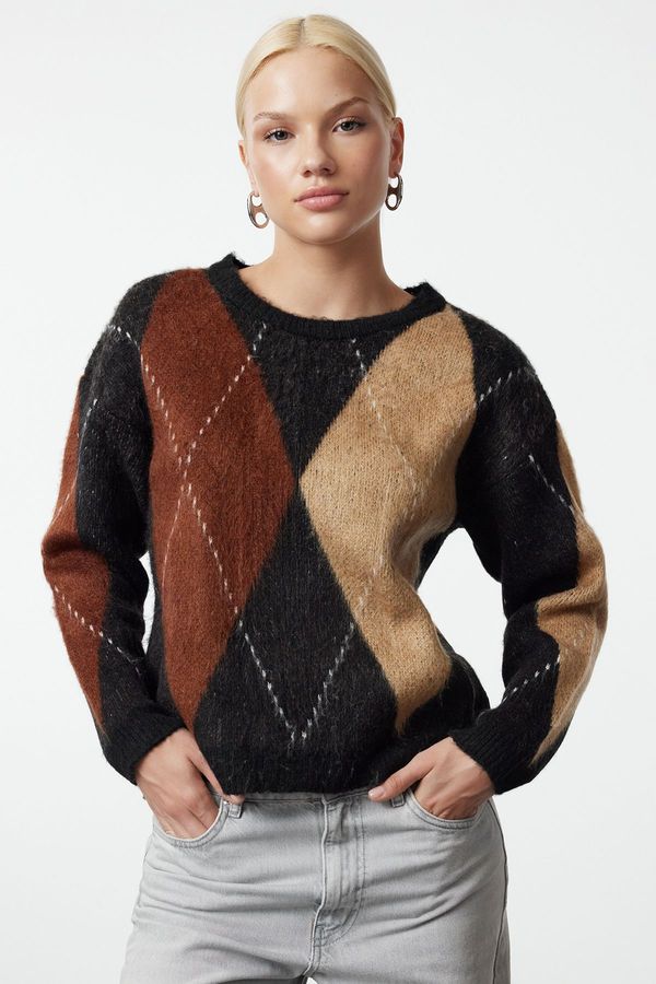 Trendyol Trendyol Black Soft Texture Color Block Crew Neck Knit Sweater