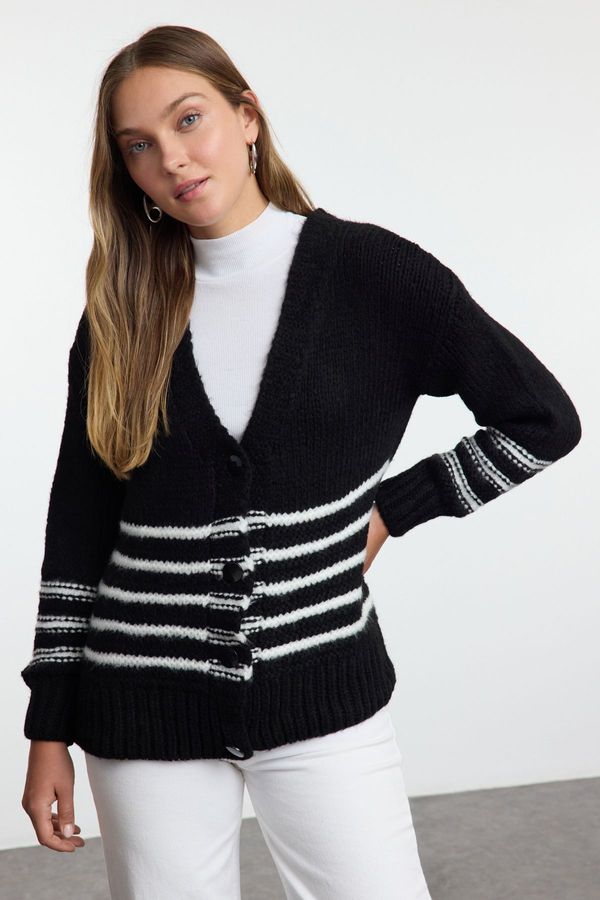 Trendyol Trendyol Black Soft Texture Striped Knitwear Cardigan