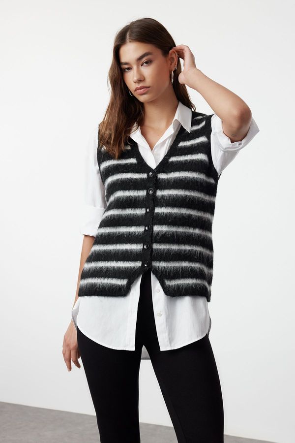 Trendyol Trendyol Black Soft Texture Striped V Neck Regular Vest