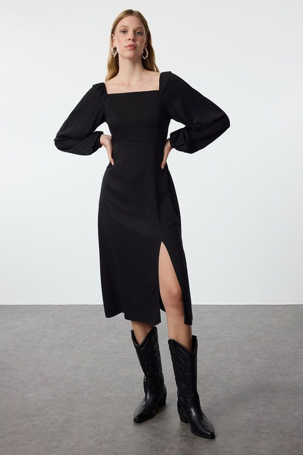 Trendyol Trendyol Black Square Neck Balloon Sleeve A Cut Midi Belmando Fabric Woven Dress