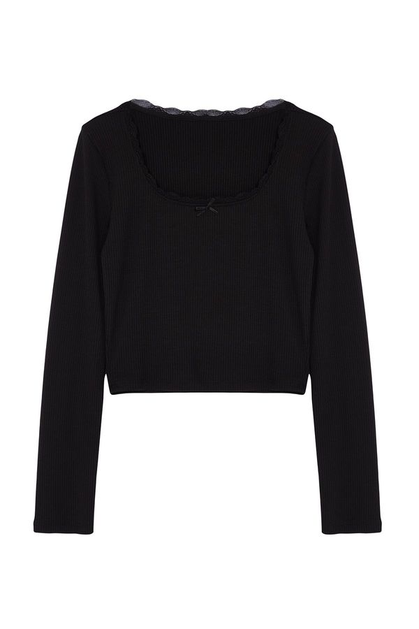 Trendyol Trendyol Black Square Neck Lace Detailed Crop/Short Knitted Blouse