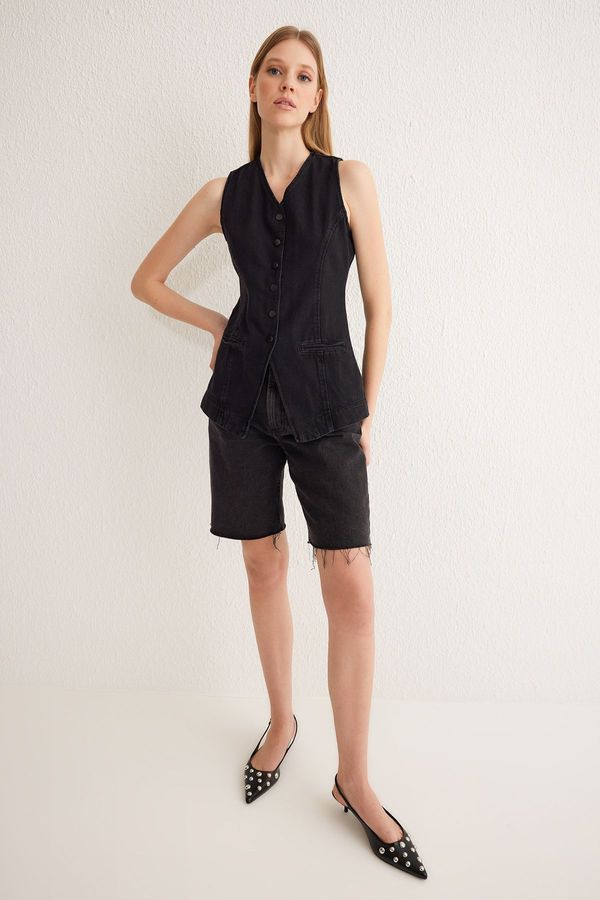 Trendyol Trendyol Black Stitch Detail Fitted Denim Vest with Belt Buckle on the Back