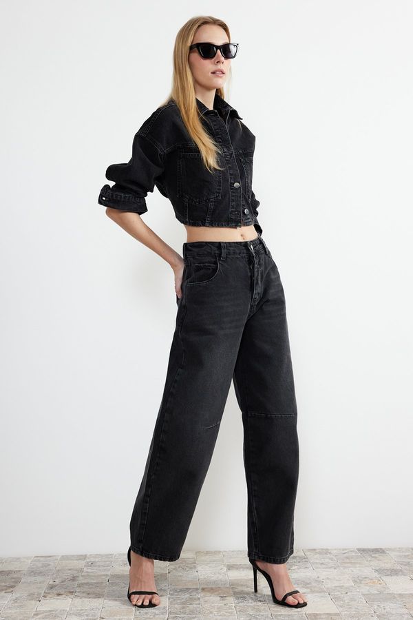 Trendyol Trendyol Black Stitch Detail High Waist Skater Jeans