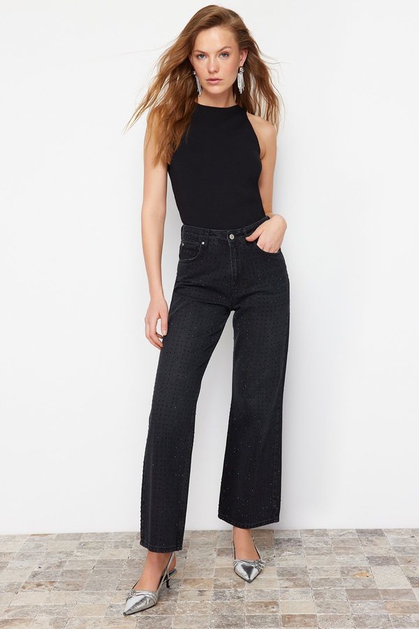 Trendyol Trendyol Black Stone Detailed High Waist Wide Leg Jeans