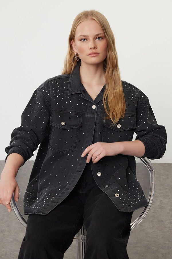 Trendyol Trendyol Black Stone Detailed Oversize Denim Shirt Jacket