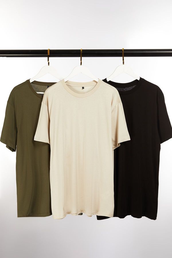 Trendyol Trendyol Black-Stone-Khaki Plus Size 3-Pack Regular/Normal Cut Basic 100% Cotton T-Shirt