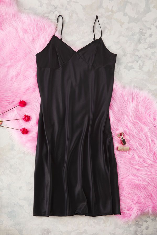 Trendyol Trendyol Black Stone Strap Midi Length Satin Woven Nightgown