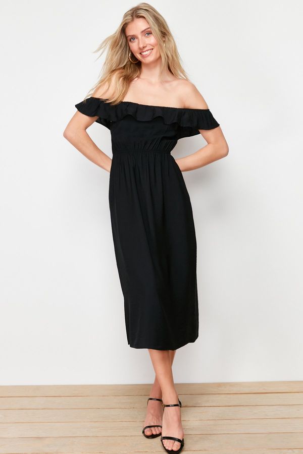 Trendyol Trendyol Black Straight Cut Carmen Collar Linen Look Maxi Woven Dress