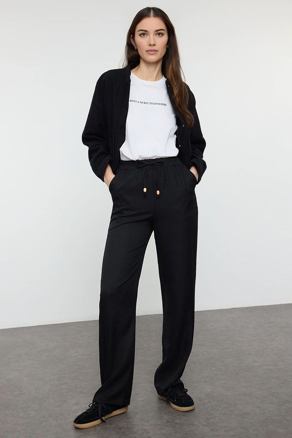 Trendyol Trendyol Black Straight Cut Elastic Waist Laced Linen Look Trousers