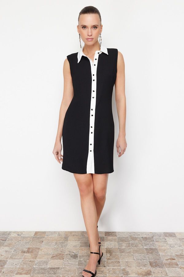 Trendyol Trendyol Black Straight Cut Shirt Collar Detailed Mini Woven Dress