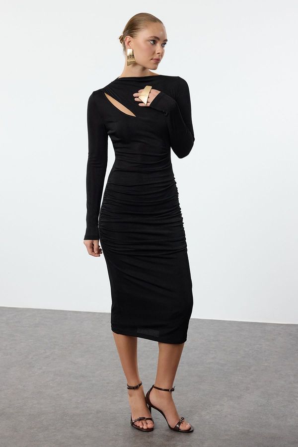 Trendyol Trendyol Black Straight Cutout and Ruffle/Drape Detailed Bodycone/Fitting Knitted Dress