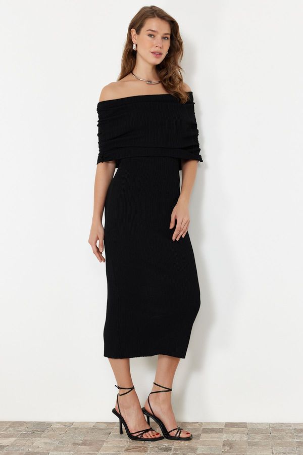 Trendyol Trendyol Black Straight Shift Carmen Collar Single Plate Maxi Dress