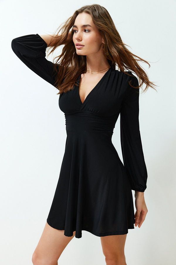 Trendyol Trendyol Black Straight Skater V-Neck Skater/Sandy Midi Dress