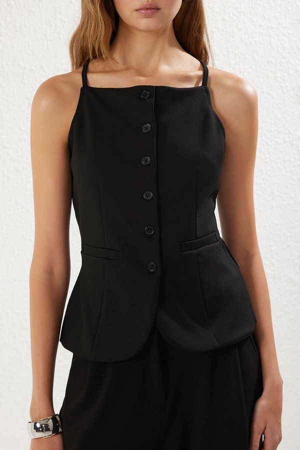 Trendyol Trendyol Black Strap Buttoned Fleece Pocket Regular Knitted Vest